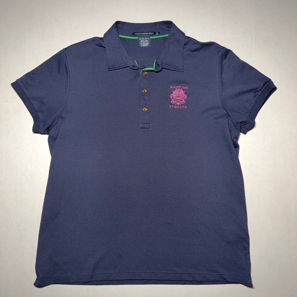 Ralph Lauren Golf Polo Women XL Blue Cotton Whistling Straits Preppy Sporty Gold